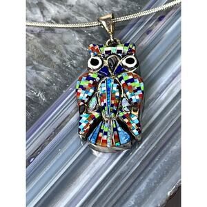 Navajo Brugh Tsosie Sterling Silver Owl Pendant Micro Inlay Multi-Stone 18”Chain